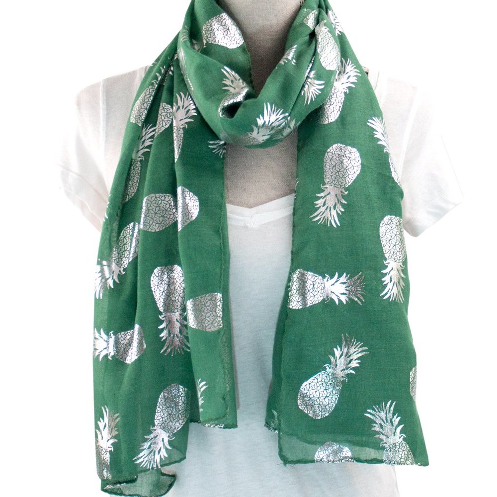 Silver Pineapple Green Cotton Blend Shawl Scarf